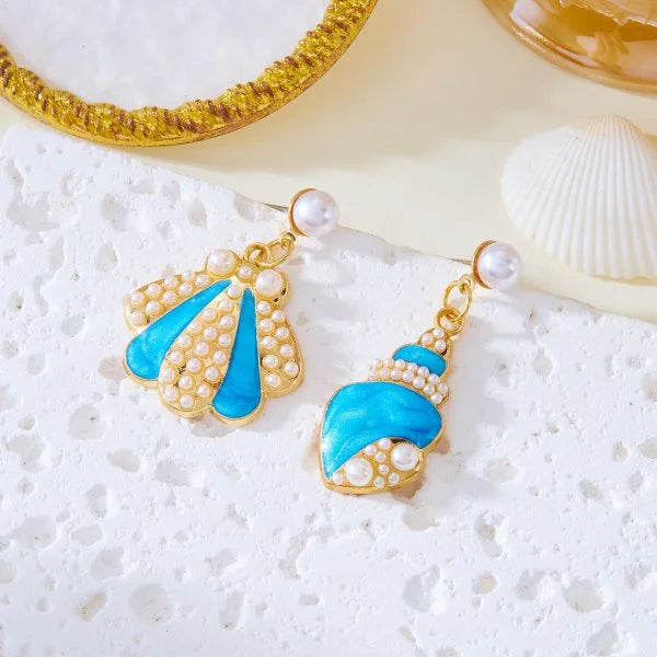Fashion Asymmetric Ocean Style Earrings Stud  For Women Starfish Shell Earring Ear Ring Imitation Pearl Zircon Jewelry Gift