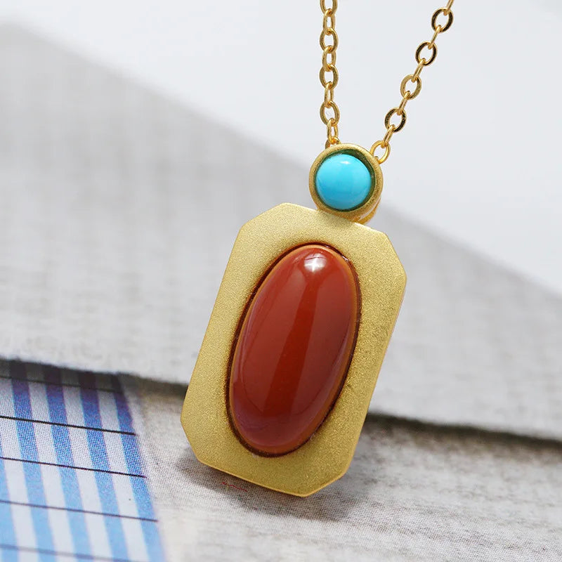 Exquisite artistic style Southern red tourmaline square rings for women inlay turquoise Simple charm jewelry adjustable