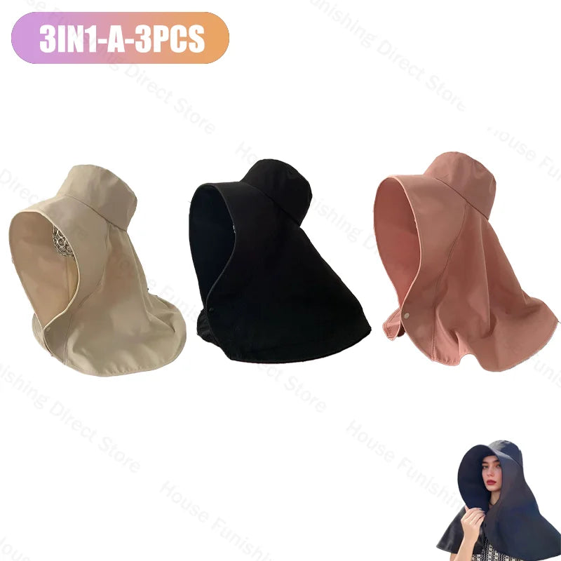 Summer Women Cap Outdoor Uv Anti Neck Protection Sun Visors Hat Fishing Hiking Big Brim Shawl Sunscreen Ponytail Cap Solid Color