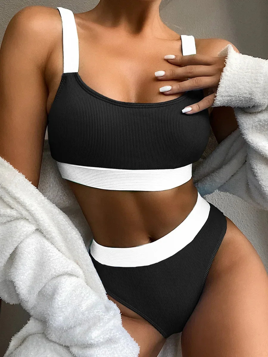 Sexy Splicing Ribbed Bikinis High Waist Bikini 2025 Female Swimsuit Women Swimwear Two-pieces Bikini Set Bathing Suit Swim Lady