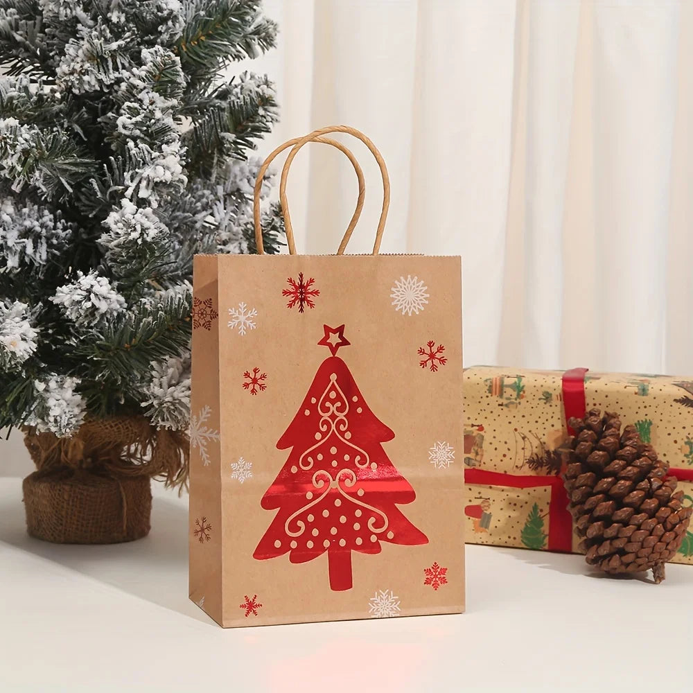 Festive Christmas Gift Bags - 20.5cm x 14.99cm x 7.98cm Brown Kraft Paper Tote Bags with Holiday Designs Christmas paper bag