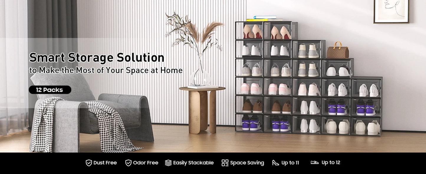1pc/2pcs Large Shoe Storage Boxes Organizers Clear Plastic Stackable 12 Pack, Shoe Rack & Holder Substitute, Sneaker Containers