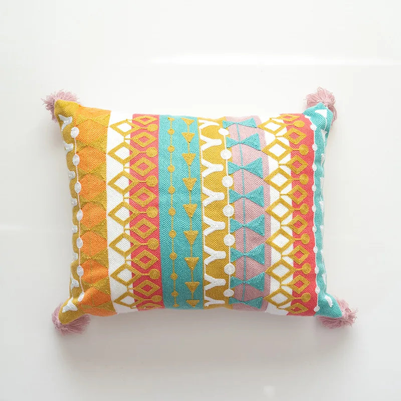 Nordic Ethnic Style Cushion Cover Cotton Moroccan Handmade Embroidery Cotton Tassel Throw Pillow Cover Living Room Home Decor