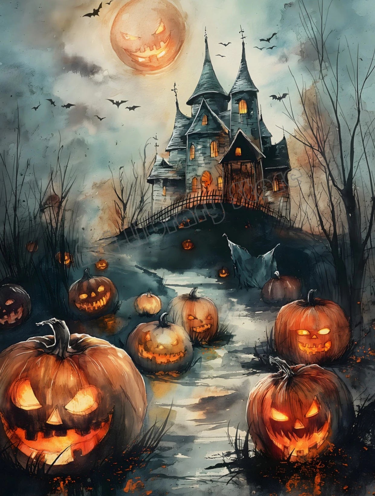Spooky Halloween Town Folk Magical Forest Ghost Pumpkin Illustration Poster Canvas Painting Wall Pictures Holiday Home Decor