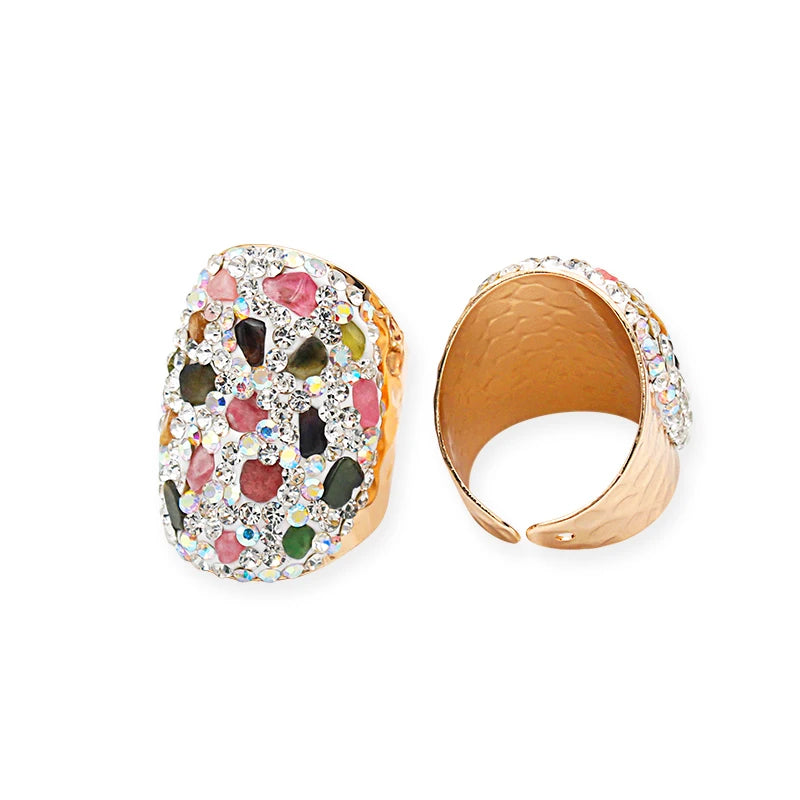 Irregular Rainbow Tourmaline Open Ring for Women Girls Micro Inlay Gold-color Chip Stones Party Wedding Anniversary Gift Jewelry