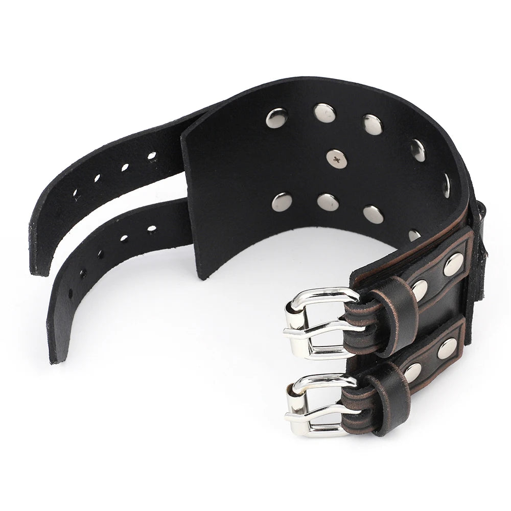 Vintage Punk Leather Cuff Strap 20mm Men's Wrist Watch Band with Mat Double Buckle Rivet Watchband Bracelet Watches Accessories