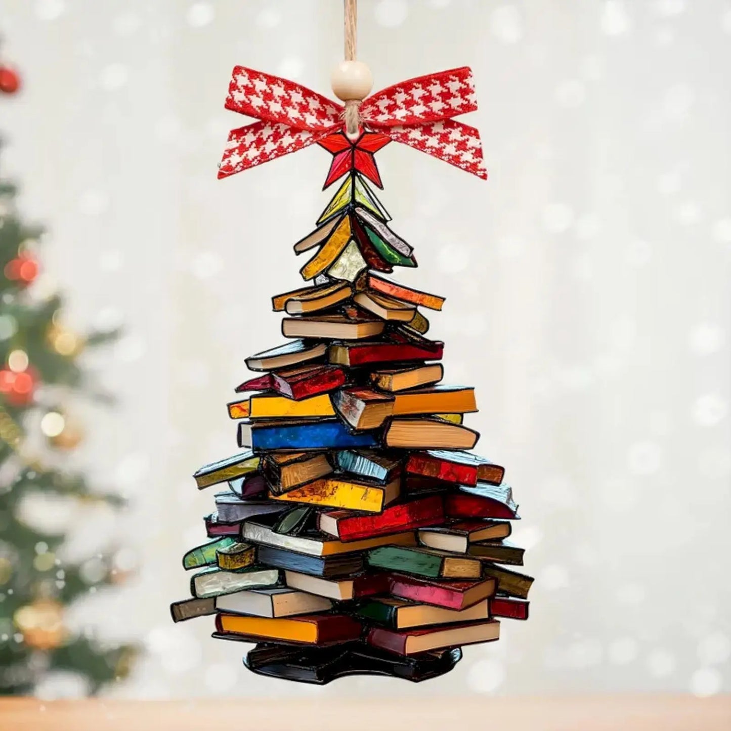 Acrylic Stacked Book Christmas Tree Ornament Clear Book Lover Hanging Decoration Christmas Gift Pendant for Home Office Bookcase