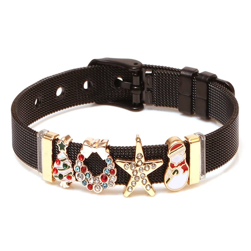 Silver Color Stainless Steel Mesh Bracelets For Women Crystal Santa Claus Beads Charm Watch Belt BraceletsBangles Christmas Gift
