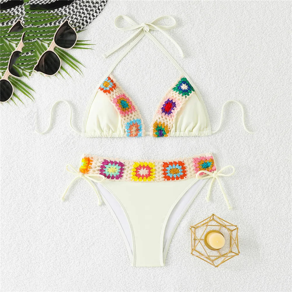 Black Thong Micro Knitted Crochet Bikini 2025 String Halter Swimwear Sexy Swimsuit Women Lace-up Bathing Suit Black Bikinis Sets