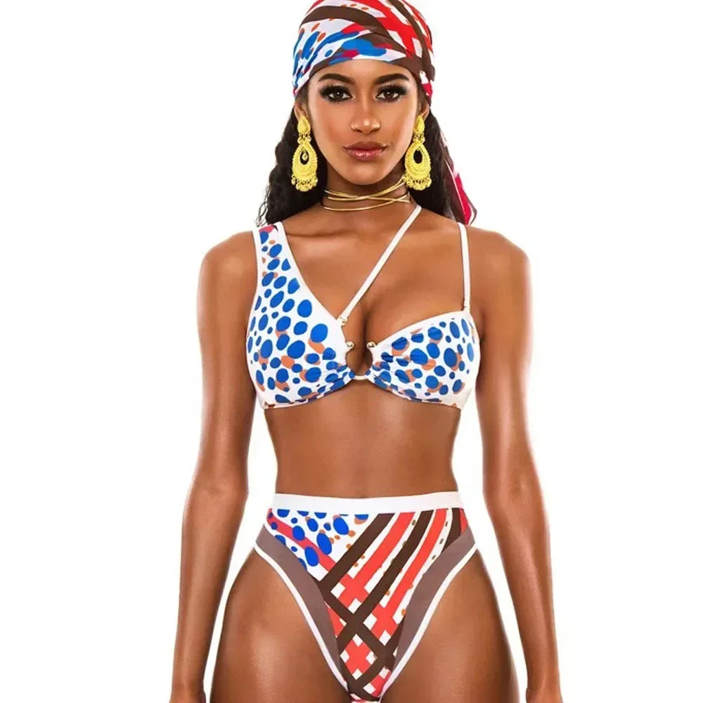 Sexy Bikini Women High Waist Totem Print Hollow Swimwear Swimsuit Female Beach Bikinis Set Bathing Suit Banadores Mujer 2024 New