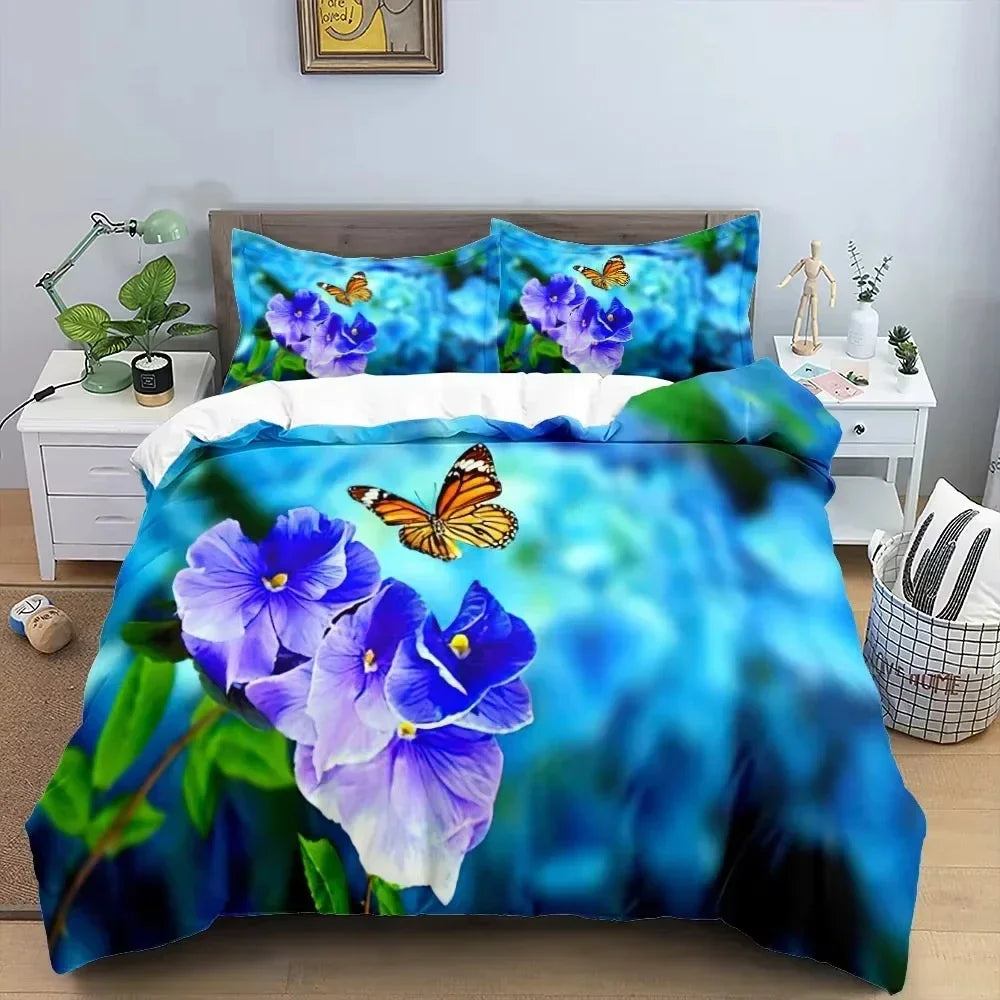 3D Butterfly Flowers Duvet Cover Luxury Home Bedding Set 3 Piece Set with 2 Pillowcases Zipper Family Colleague Christmas Gift
