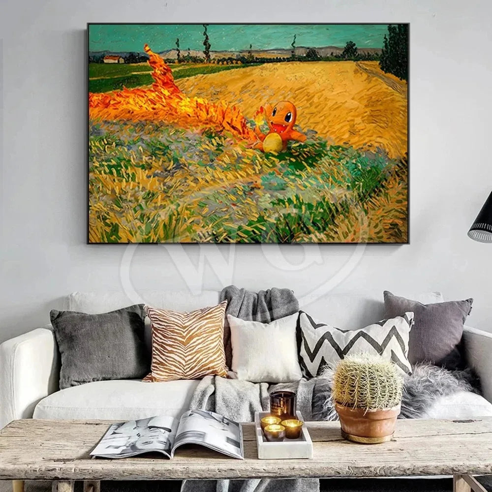 Van Gogh Museum Pocket Monster Anime Character Pikachu Canvas Painting Poster Living Room Bedroom Decoration Christmas Gift
