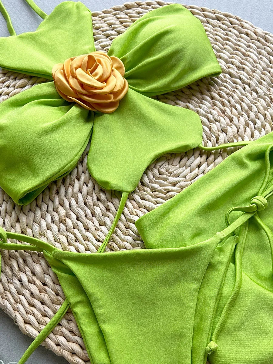 Sexy Green 3D Floral Bikinis Sets Women Halter Push Up Pleate Skirt 3 Piece Swimsuit 2025 Beach Bathing Suit Thong Swimwear
