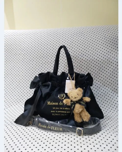 Japanese Style New Double-Sided Drawstring Bags Sweet Cute Girl Ladies Satin Bow Crossbody Shoulder Portable Handbag