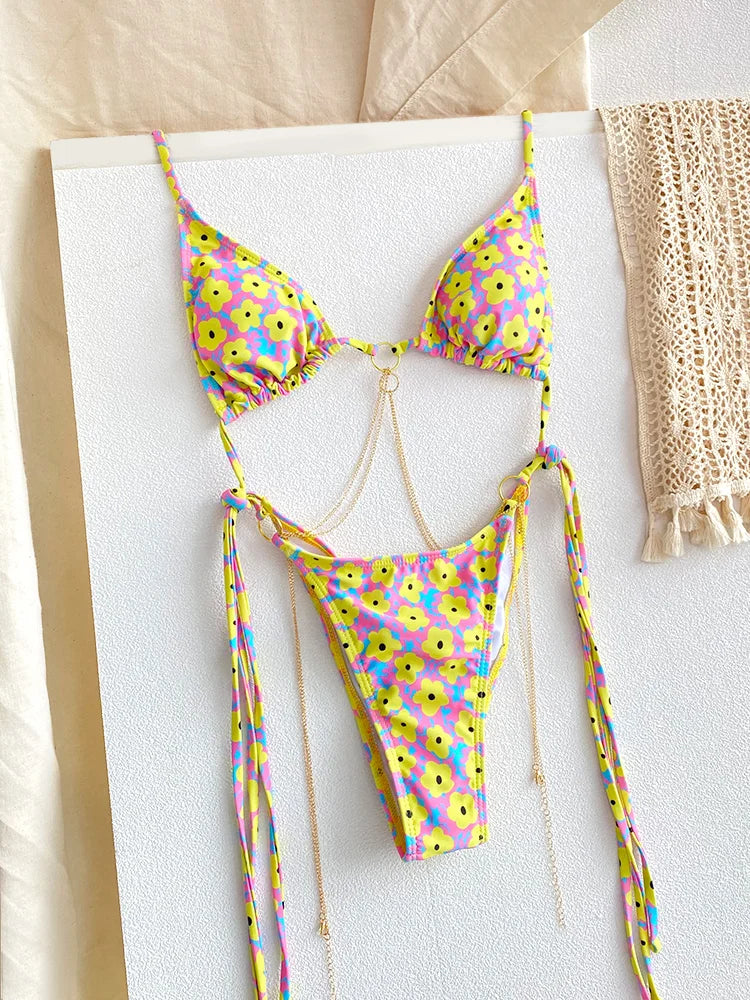 Triangle Bikini Sets Print Swimsuit Women 2023 Bikinis Bandage Swimwear Micro Thong Two Piece Suit Biquini Brazilian Swimsuits
