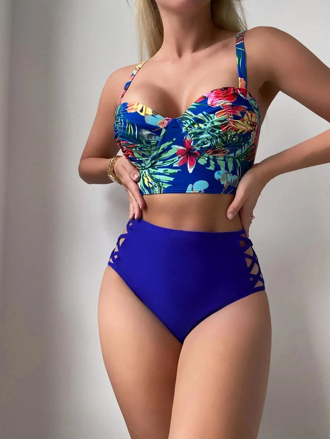 Cikini-Tropical Print Criss Cross Push Up Bikinis Set, High Waist Split Swimwear, Summer Swimsuit, Bathing Suit for Women, 2 Pcs
