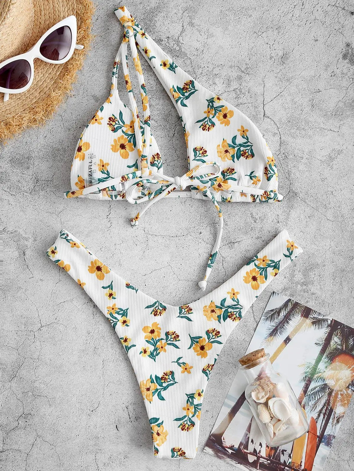ZAFUL Bikini Set Textured One Shoulder O-ring Swimwear Women Beachwear Bathingsuit Removable Pads Wire Free Bather Swimingsuit