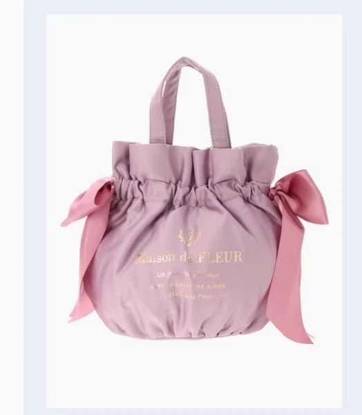 Japanese New Satin Double Bow Portable Shoulder Crossbody Women Bags with Long Shoulder Straps Sweet Letters Tote Bags