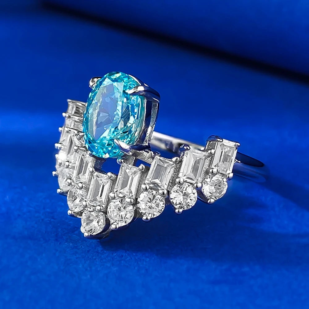 Wong Rain 100% 925 Sterling Silver 6*8 MM Oval Paraiba Tourmaline High Carbon Diamond Gemstone Ring For Women Engagement Jewelry