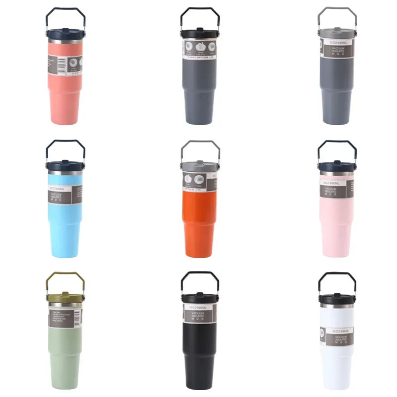Stainless Steel Thermos Cup with Straw, Portable Car Cup, Travel Sports Water Bottle, Handle Cover, Coffee Vacuum Flask, 30oz