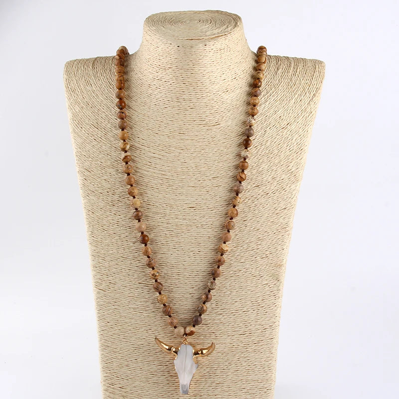 Fashion Bohemian Jewelry Sem Stone Knotted Horn Pendant Necklace For Women Boho Ethnic Necklace Gift