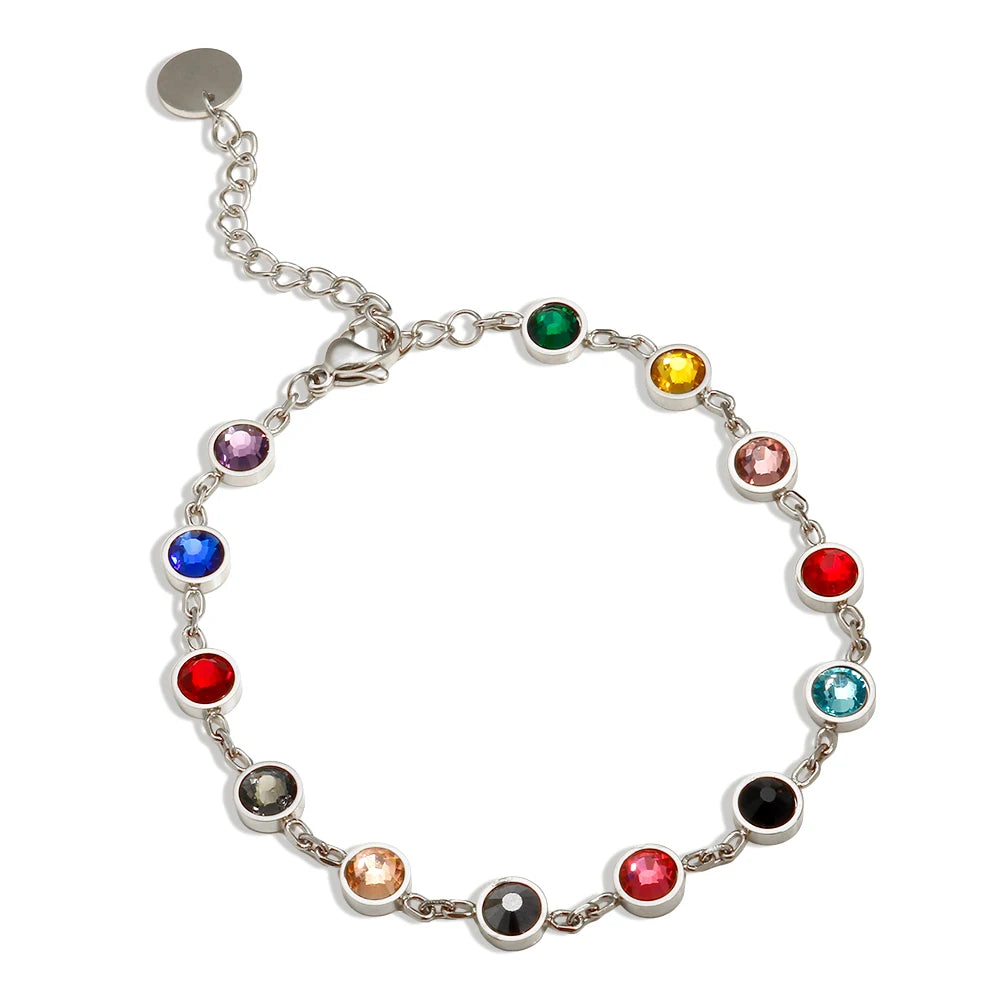 JINHUI Colorful Bejeweled Bangle Popularity TS Stainless Steel Bracelets for Women 12 Birthstones Rainbow Crystal Chain Jewelry