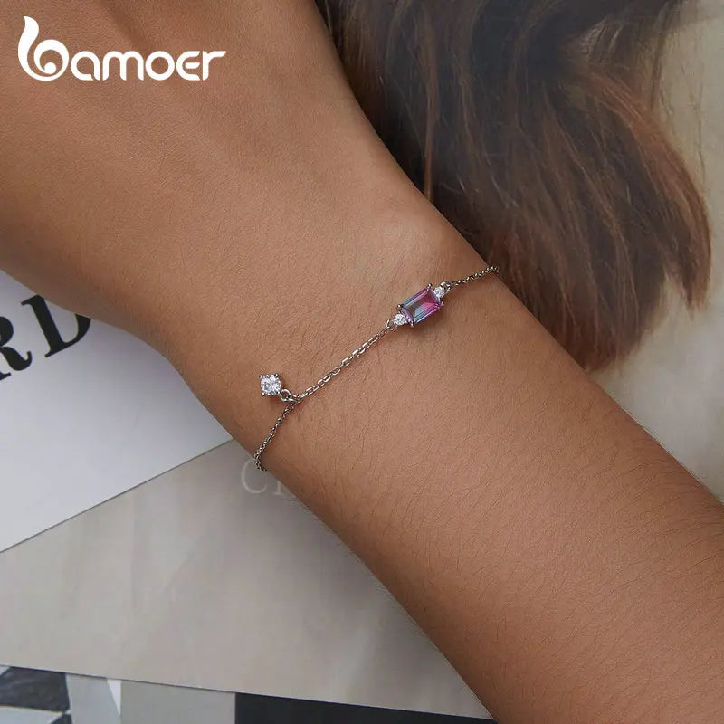 Bamoer 925 Sterling Silver Synthetic Tourmaline Bracelet for Women Fine Jewelry Fashion Adjustable Bracelet Fine Jewelry BSB092
