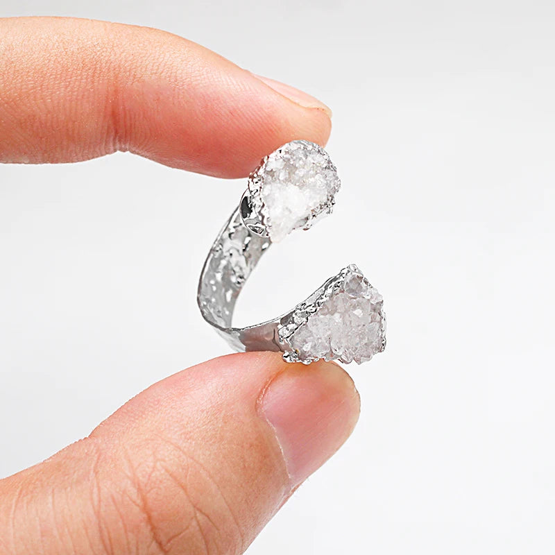 Irregular Raw Quartz Stone Open Ring for Women Girls Silver-color Boho Crystal Cluster Finger Jewelry Resizable