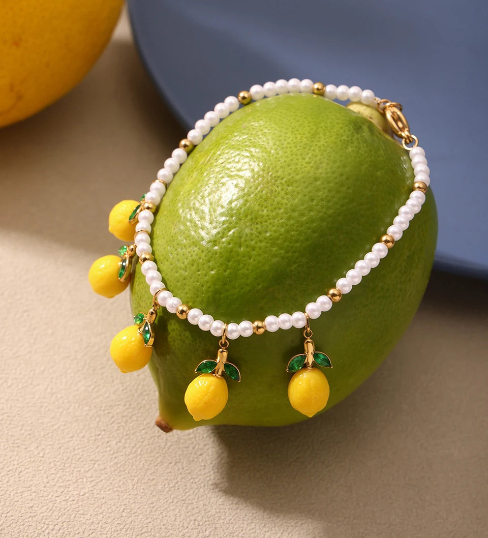 Shell Beads Bracelet With Multi Lemon Charms For Women Handmade Beaded Bracelets Matching Earrings Necklace Cute Jewelry Sets