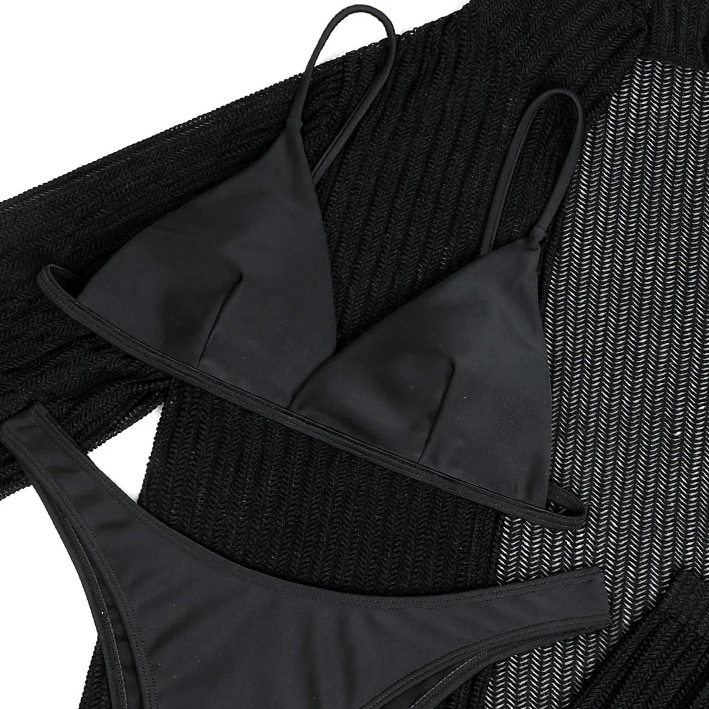 Summer 4 Piece Bikinis Sets Women Black White Mesh Half Sleeve Cover Up with High Waist Panties Swimsuit Bathing Suit Swimwear