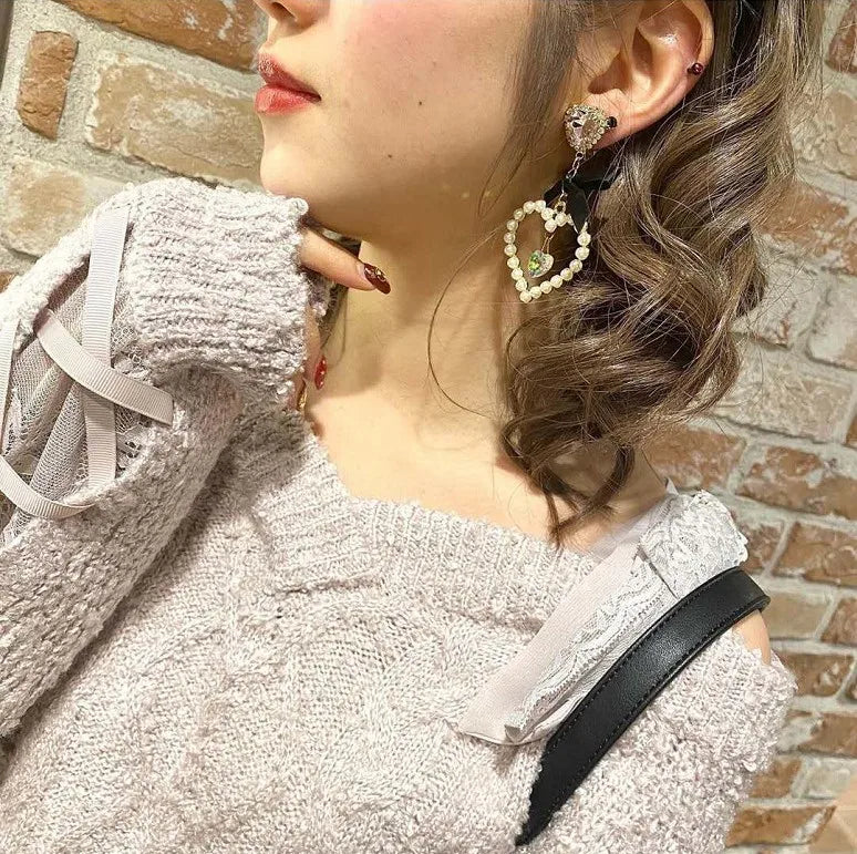 Dainty Japanese Style Women's Bow Earing Sweat Pearl Heart Earings Rhinestone Pendant Heart Earrings Accessories for Girl