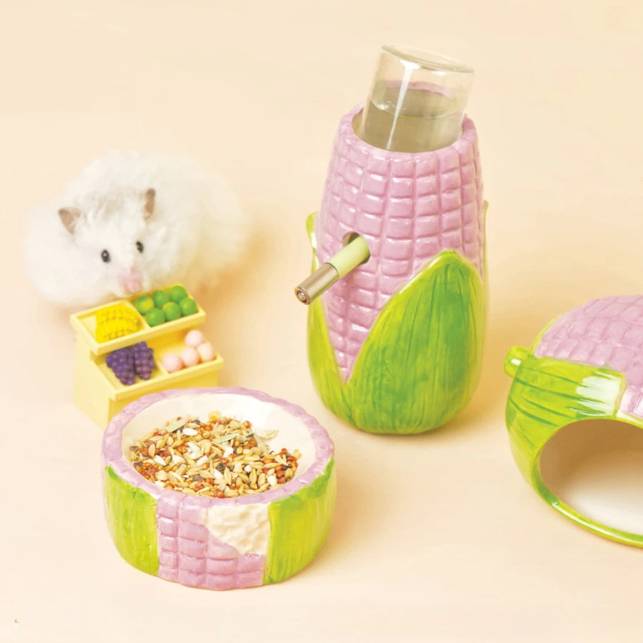 Corn-Shaped Ceramic Hamster Hideout Food Water Bottle Holder for Hamsters Gerbils Small Pets for Summer Cooling Cage Decoration