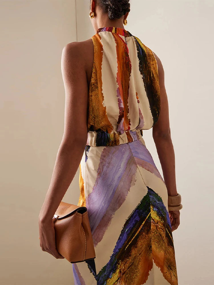 Painterly Print Satin Co-ord Set Sleeveless High Neck Crop Top Slim Fit Maxi Skirt Women's Elegant Chic Party Evening Outfit