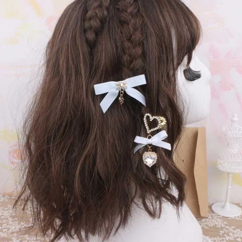 Jfashion Girl Lolita Hair Accessories Bow Loria Headdress Lace Bow Rhinestone Hair Clips Jirai Kei Vintage Doll-like Handmade