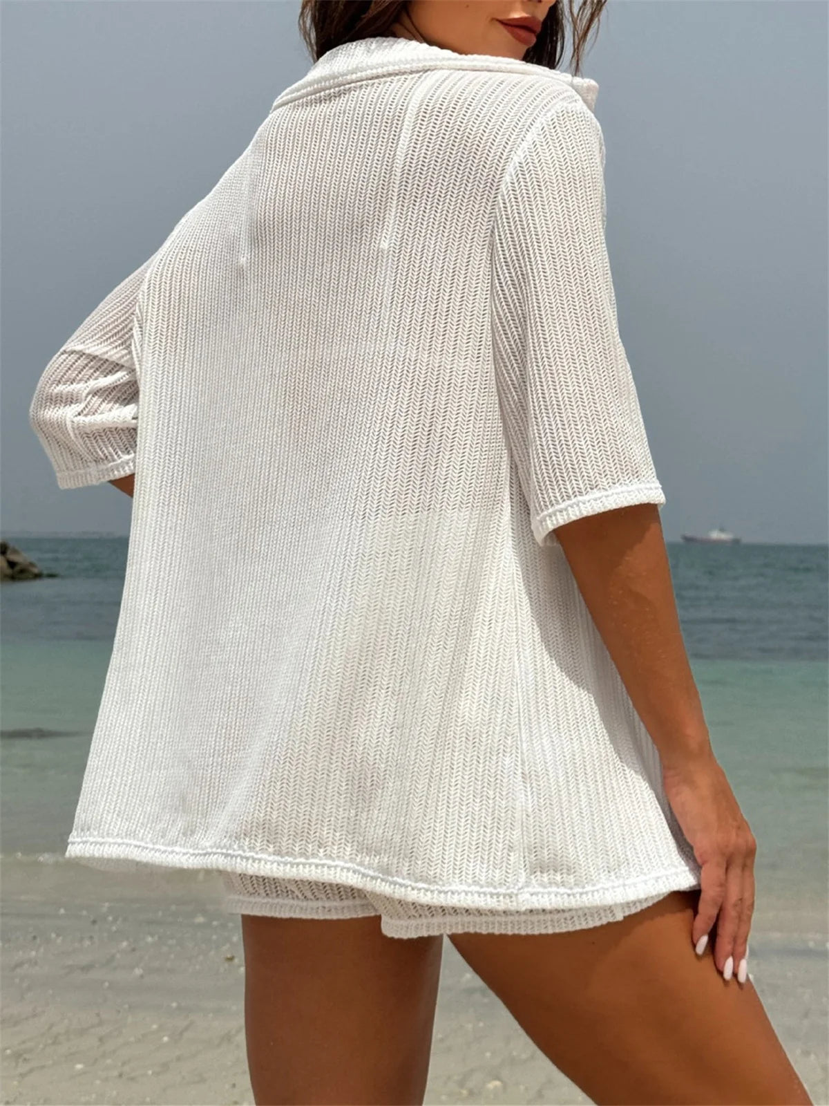 Summer 4 Piece Bikinis Sets Women Black White Mesh Half Sleeve Cover Up with High Waist Panties Swimsuit Bathing Suit Swimwear