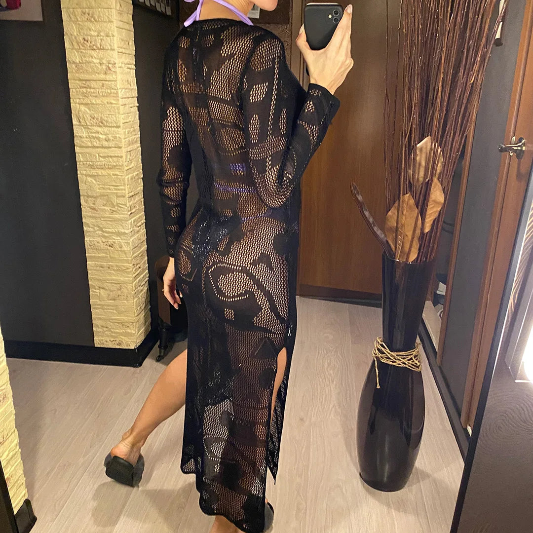 Deep V Dress Lace Up Long Sleeve Women Split Maxi Dress Crochet Knitted Tunic Mesh Sheer Sexy Bodycon Long Dress Vestido V4146B