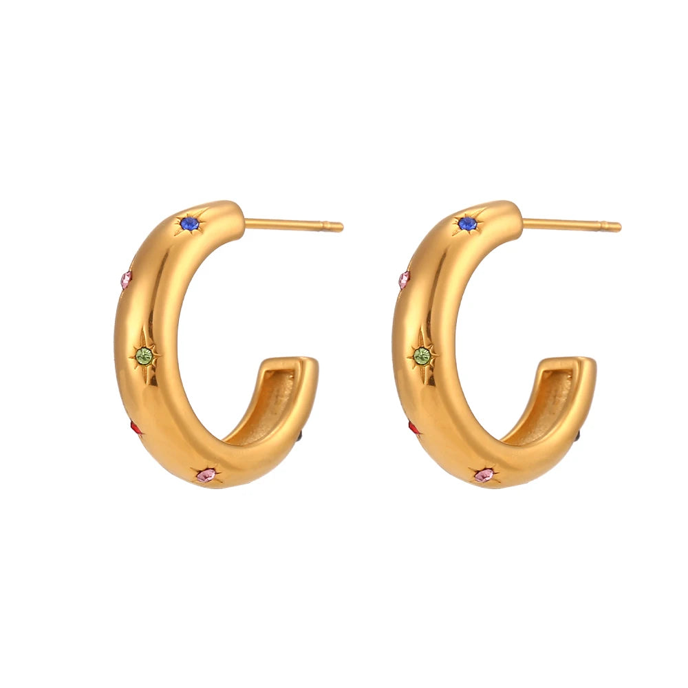 E B belle Official Store Stainless Steel Green Colorful 3A Zircon Stone Paved Hoop Earrings For Woman Golden Earring