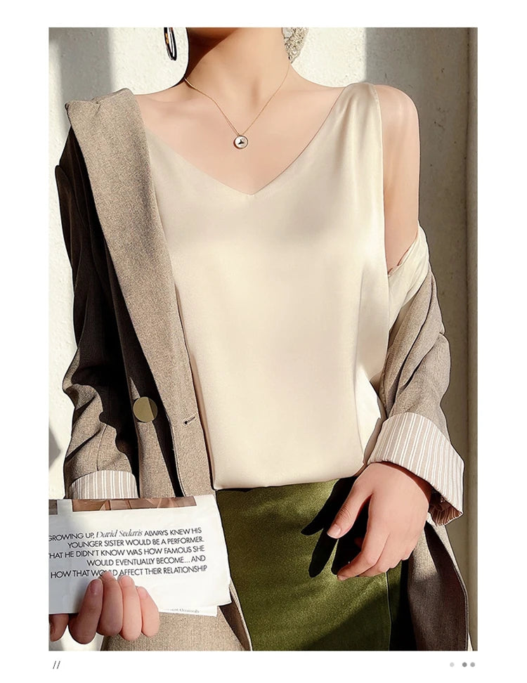 Women's New Four Seasons Inner Wear Silk Suspenders 2022 V-Neck Solid All-Match Satin Vest Soft Loose Thin Lady Sleeveless Tops