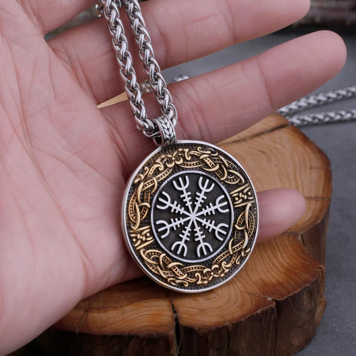 Stainless Steel Men's Viking Blend Ouroboros Helmet of Awe Necklace Hip Hop Vintage Pendant Scandinavian Jewelry Gift