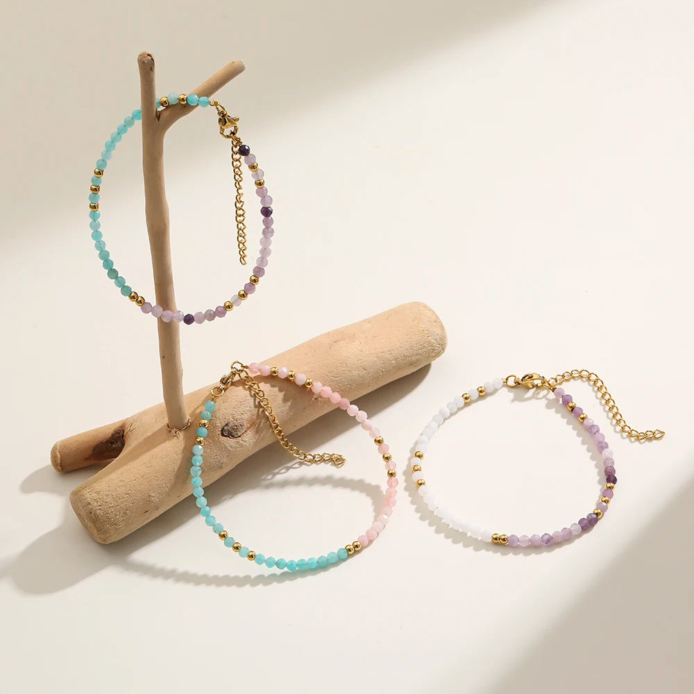 Two-color Nature Stone Beaded Bracelet Fashion Gold Color Faceted Spacer Jewelry For Women With Staniless Steel Clasp Party Gift
