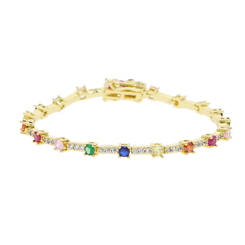 Gold Color Colorful Fashion Women Jewelry Rainbow Blue Red Green CZ Bar Geometric Charm Link Chain Bracelet