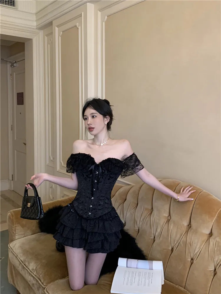 Palace Style Black Fashion Two Piece Sets Women Off Shoulder Lace Up Corset Shirt&Mini Cake Skirt 2025 New Summer 2 Piece Sets