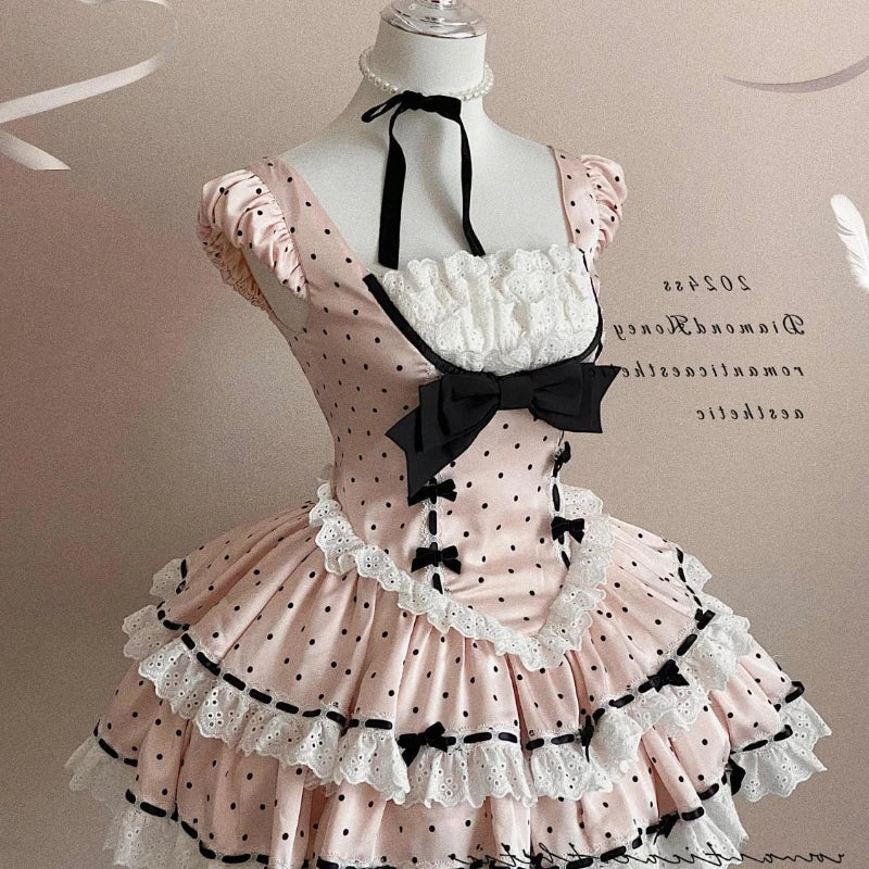 Spring Japanese Sweet Birthday Party Dress Women Y2k Cute Polka Dot Design Bodycon Dress Female Bow Korea Style Chic Clothing