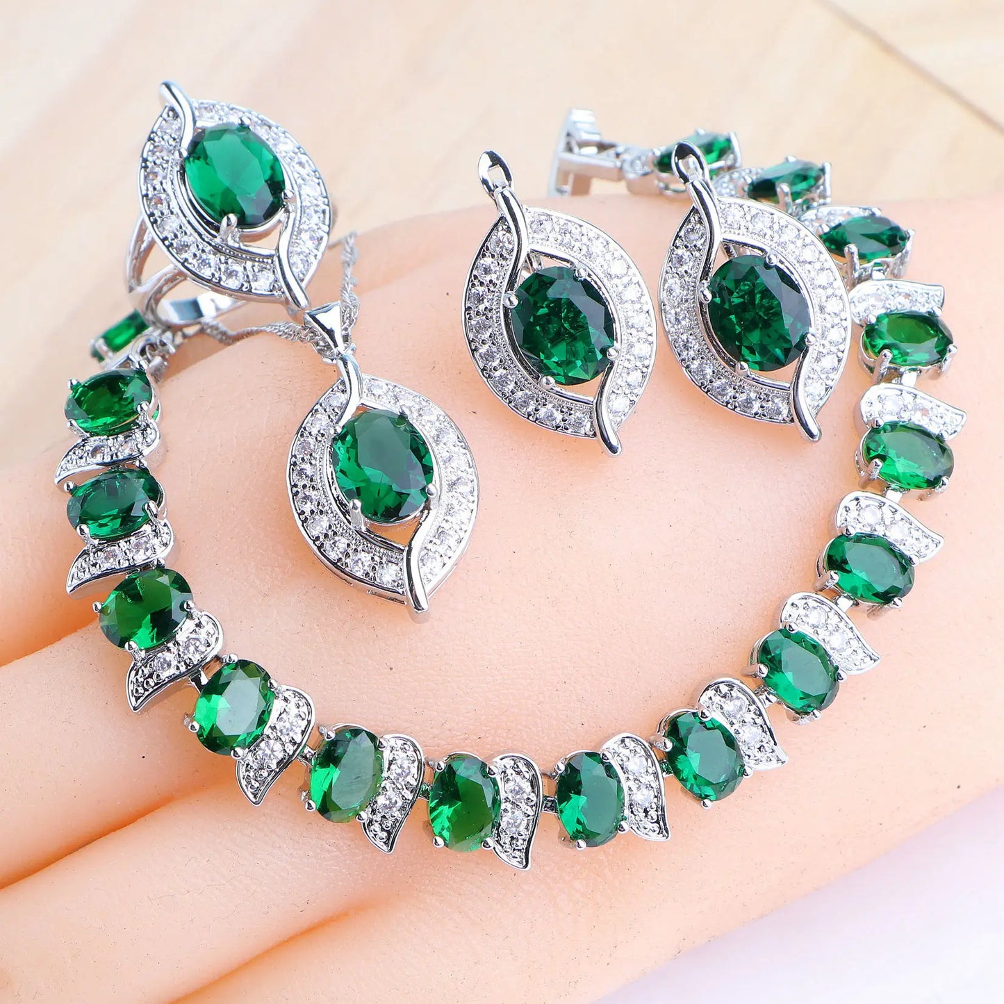 Natural Magic Rainbow Zirconia Jewelry Sets 925 Silver Wedding For Women Rings Pendant Necklace Earrings Bracelets Bridal Set