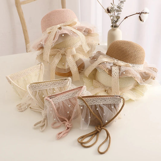 Kids Girls Wide Brim Straw Woven Cap Sun Protection Beach Hat Lace Pearl Summer Floppy Bucket Cap Portable Handbag панама