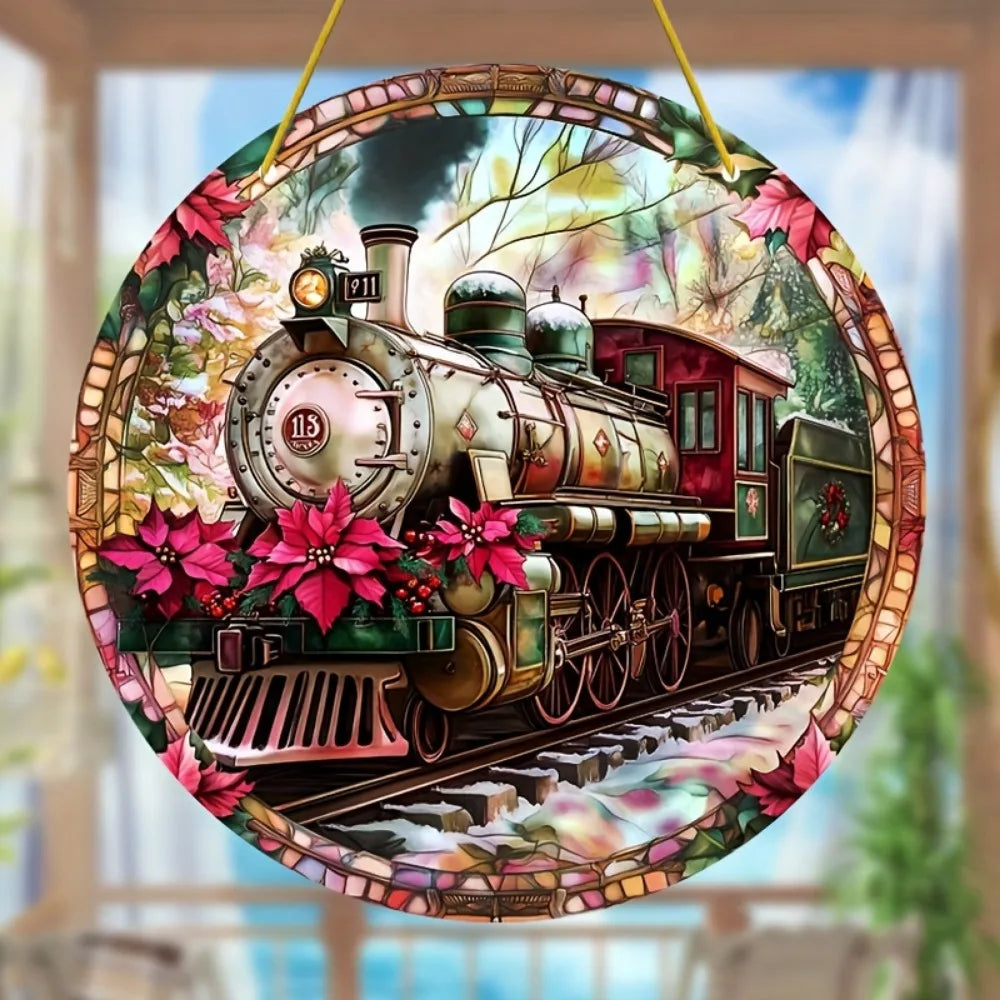 Flower Suncatcher, Stained Window Hanging, Acrylic Sign, Winter Decor, Round Sign, Wreath Sign, Wreath Center, Christmas Gift