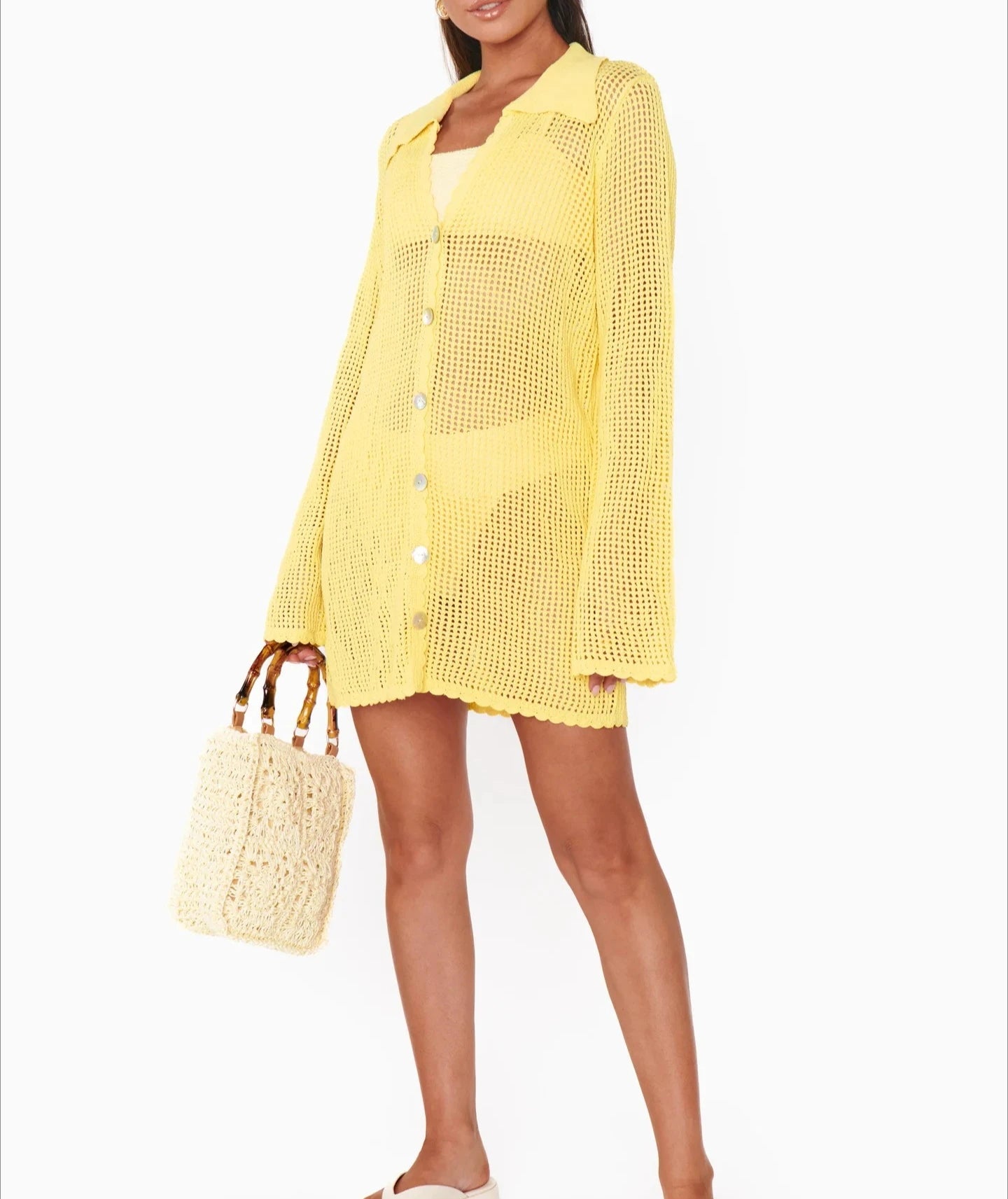 2025 Summer Women's Loose V Neck Button Coverup Cardigan Sexy Knit Mesh Beach Dress Swimsuit Cover Up Casual Vacation Wear K187
