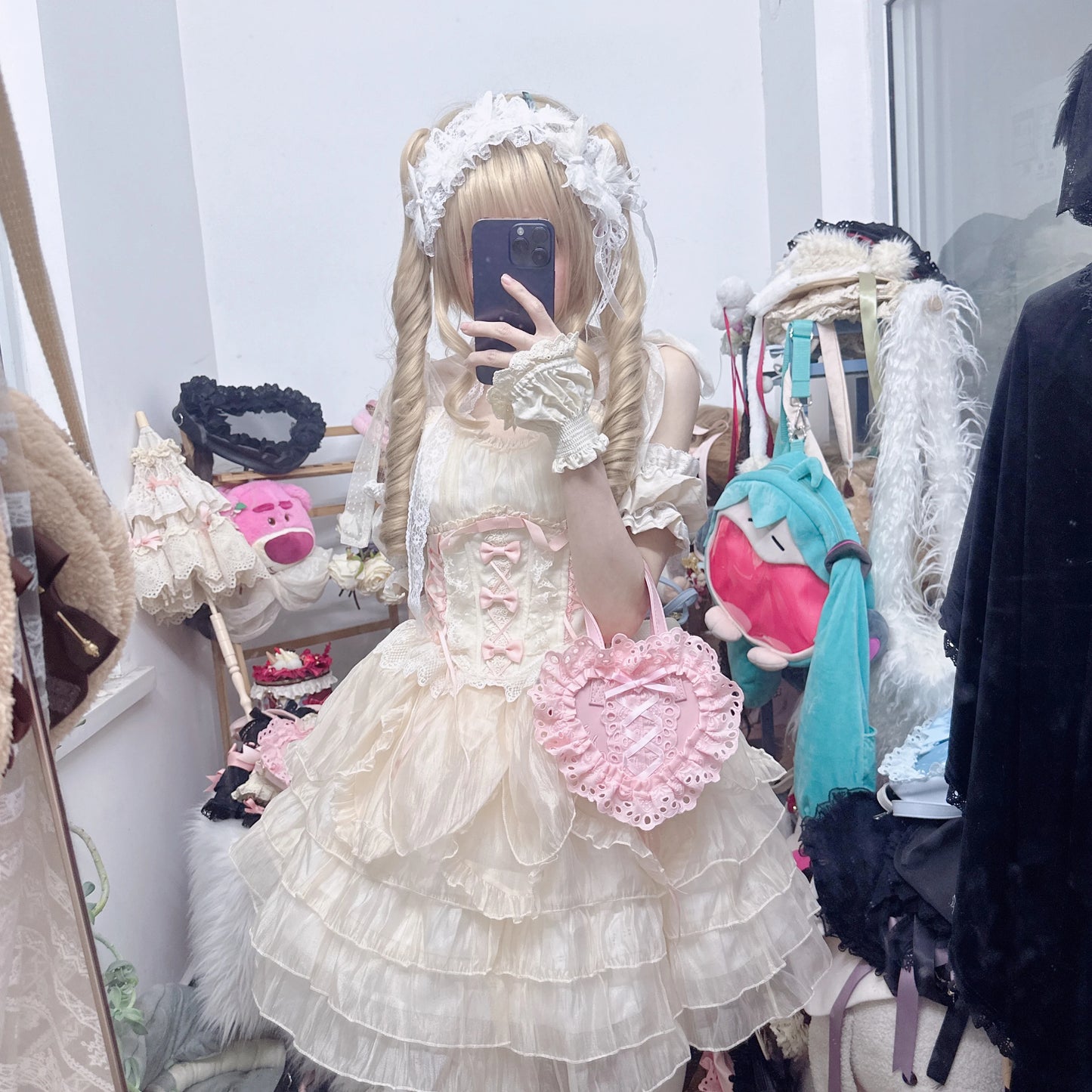 Lolita Handmade Love Heart Lace Flower Cute Shoulder Bag Sweet Girl Students Bow Tote Handbags