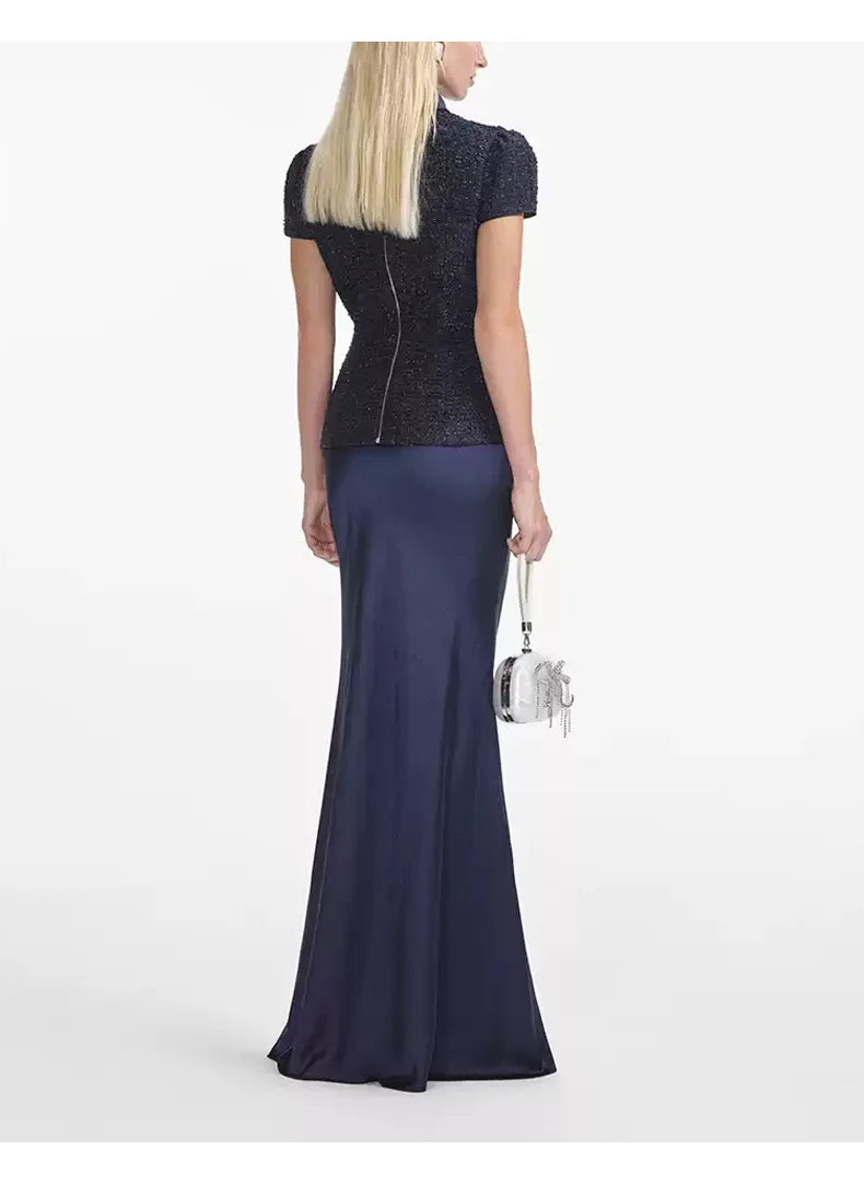 Maxi Formal Luxury Evening Dresses Women Summer Autumn Single Breasted Crystal Satin Tweed Long Dress Blue Party Dinner Vestidos