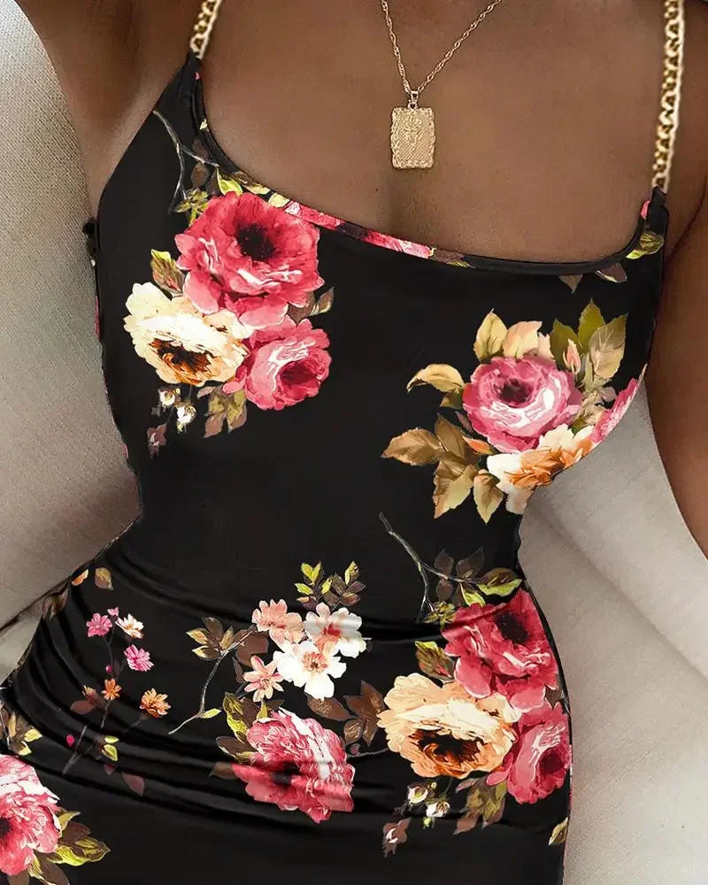 Summer New Women Floral Print Dress Chain Decor Bodycon Dress Elegant Spaghetti Strap Sexy Tight Dress